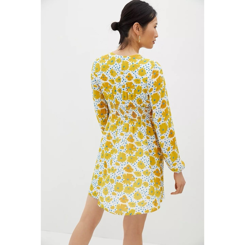 Anthropologie Vera Buttercup Dress Small White Yellow Flower Print Ruched Waist - Picture 4 of 10